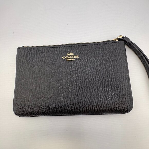 Coach Large Wristlet Black Crossgrain Leather Gold Logo - Picture 1 of 3